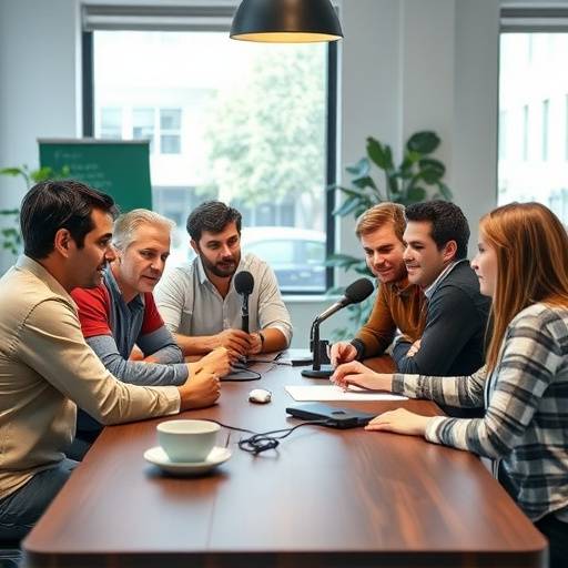 A diverse group of people discussing podcast ideas around a table.