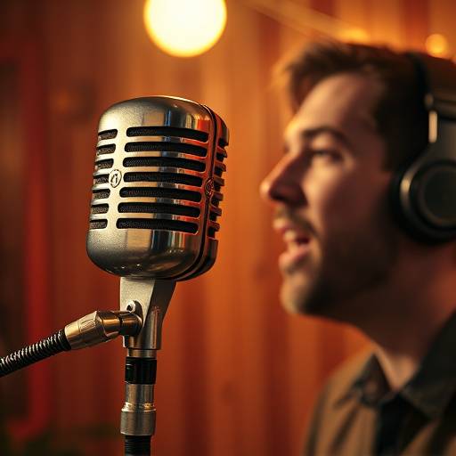 A person speaking into a retro microphone.