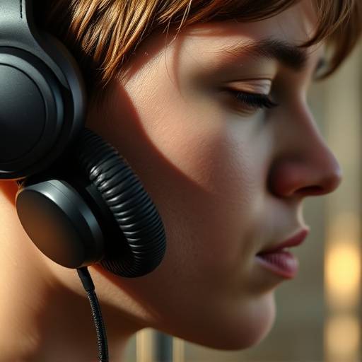 Close-up of a person wearing headphones and listening to a podcast.