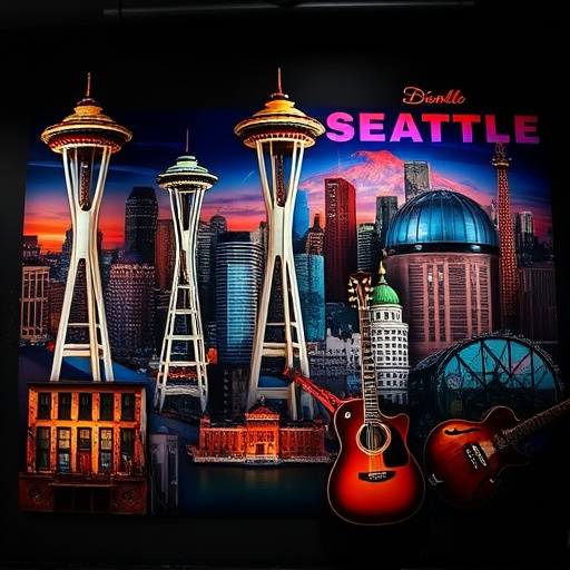 Seattle Soundscapes Podcast Artwork: A collage of iconic Seattle landmarks and musical instruments.