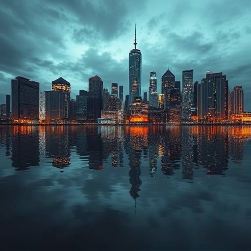 Urban Echoes Podcast Artwork: A vibrant city skyline reflecting in water.